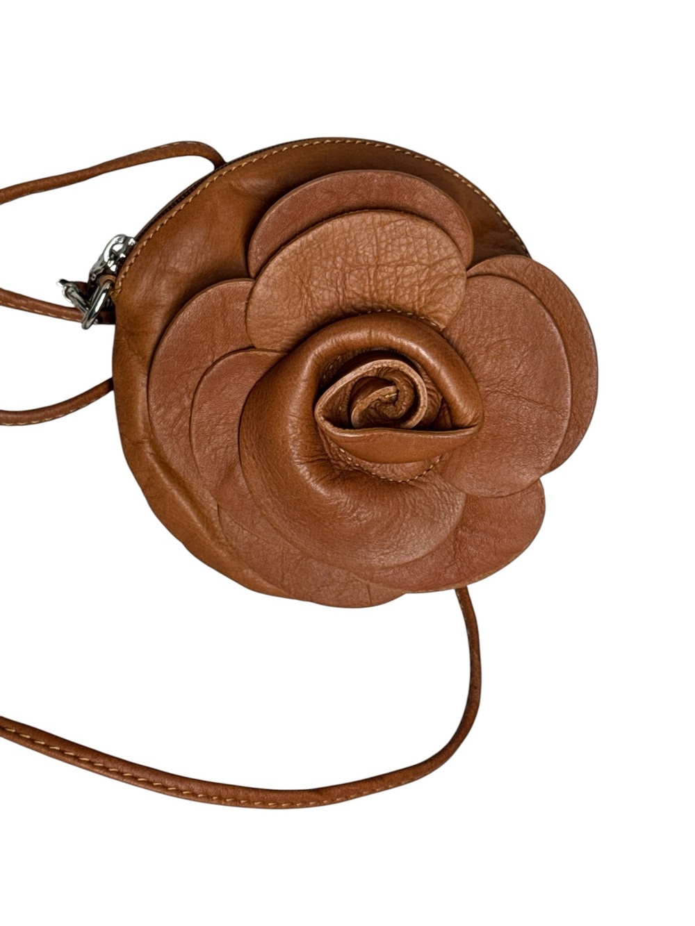 Tan Floral Leather Mini Crossbody Bag - Women’s Rose Appliqué Purse